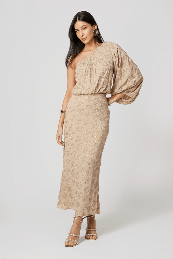 Saia Midi Sereia Paetê Folhas