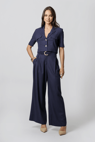 Pantalón de lino con cinturón de doble hebilla - AZUL MARINO
