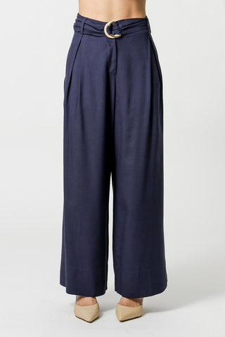 Pantalón de lino con cinturón de doble hebilla - AZUL MARINO