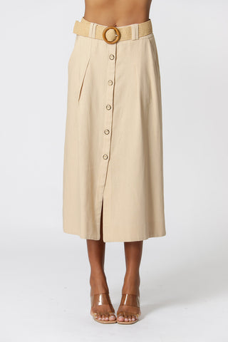 Falda midi de lino con botones y cinturón - BEIGE ESC 1