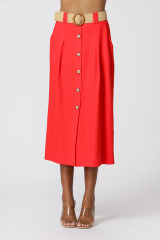 Falda midi de lino con botones y cinturón - CORAL