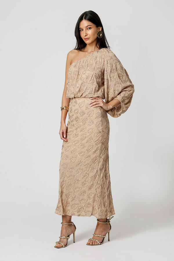 Blusa Ombro Único Paetê Folhas