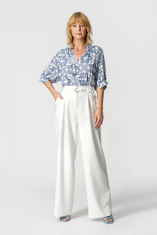 Blusa Franzida Decote V Estampada - ROYAL 9056