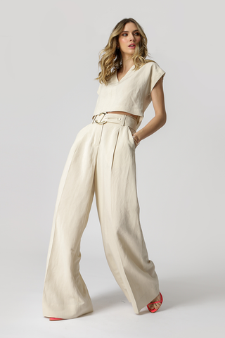 Calça Pantalona Linho Com Cinto - BEGE