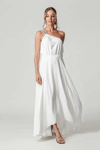 Vestido de un solo hombro con diamantes de imitación en color blanco roto
