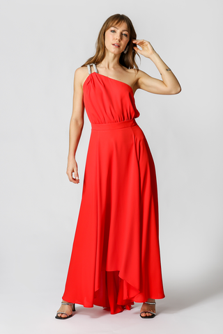 Vestido de un solo hombro con diamantes de imitación - ROJO