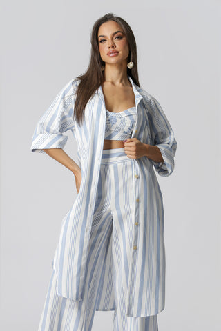Camisa Ampla Com Manga 3/4 De Linho - AZUL CLARO 90141