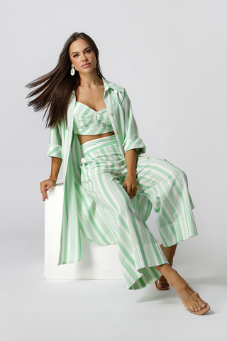 Camisa Ampla Com Manga 3/4 De Linho - VERDE CL 90141