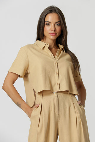 Camisa Cropped Linho - BEGE ESC