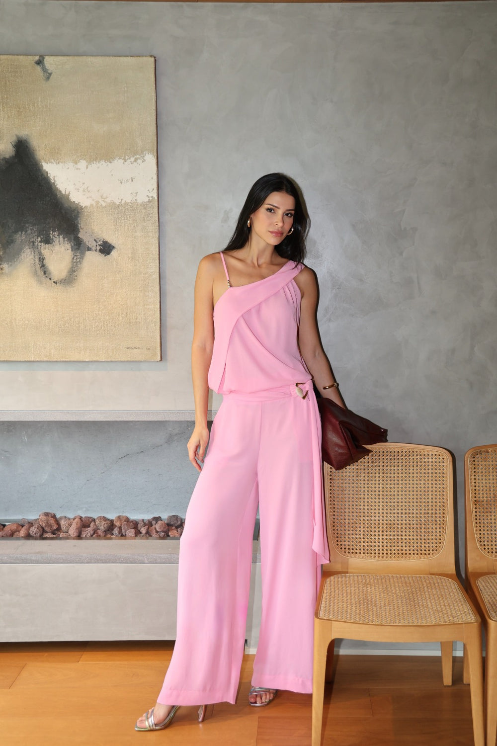 Calça Pantalona com Cinto Marmorizado - PINK CLARO