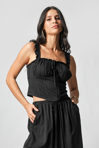 Blusa con corsé y busto fruncido - NEGRO
