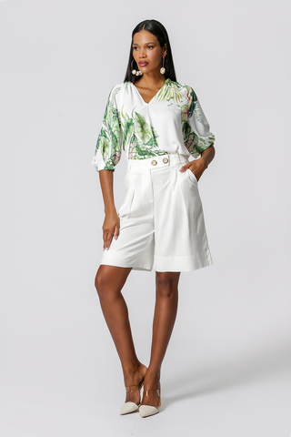 Blusa Bata Com Decote V Estampada - OFF WHITE 4089