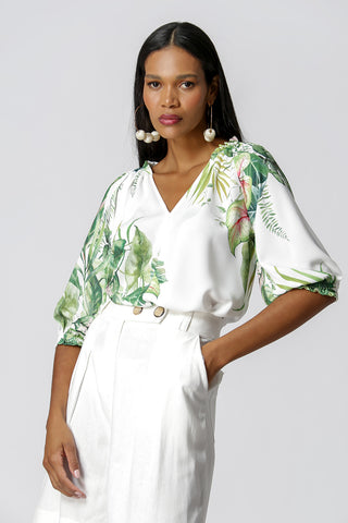Blusa Bata Com Decote V Estampada - OFF WHITE 4089