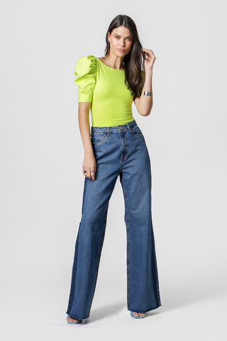 Blusa Com Manga Bufante Com Pregas - AMARELO NEON