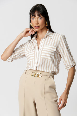 Camisa Manga 3/4 Estampada Com Bolso Frente - AREIA 7185
