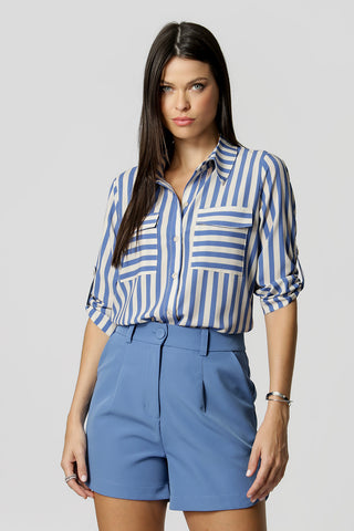 Camisa Manga 3/4 Estampada Com Bolso Frente - AZUL 7185