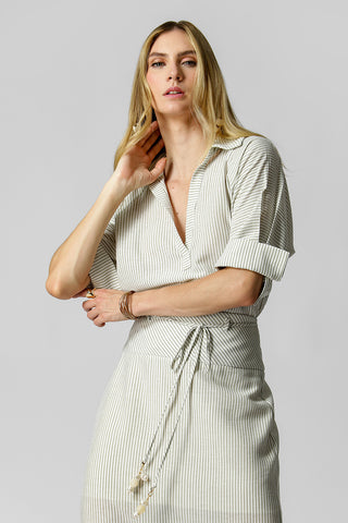 Camisa Linho Listrada Manga 3/4 - OLIVA 90152