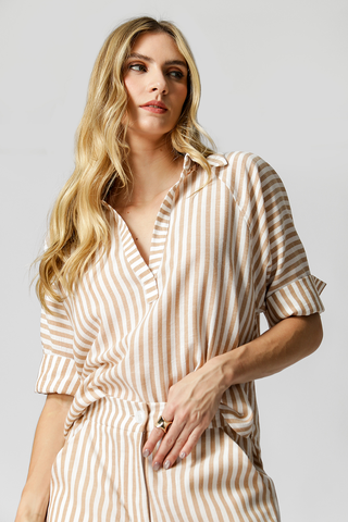 Camisa Linho Listrada Manga 3/4 - CASTOR 90153