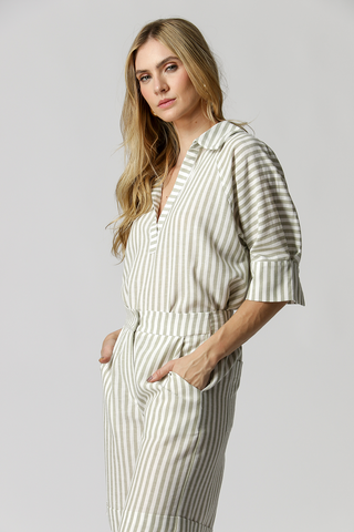Camisa Linho Listrada Manga 3/4 - OLIVA 90153