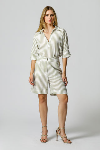 Camisa Linho Listrada Manga 3/4 - OLIVA 90153
