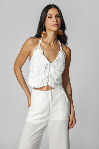 Blusa de cuello halter con lazo - BLANCO ROJO