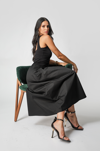 Vestido con tejidos mixtos - NEGRO
