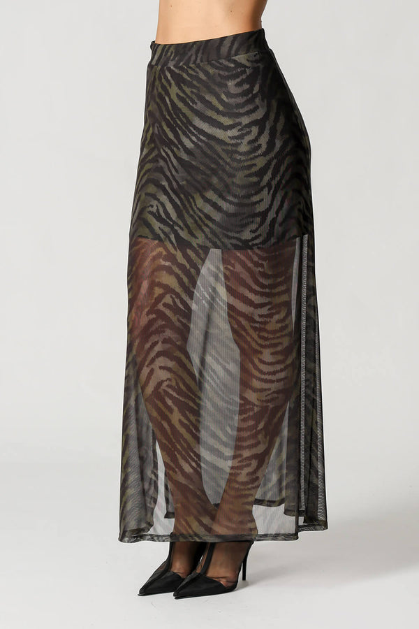 Saia De Tule Estampado Com Fenda Lateral