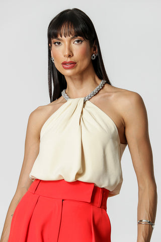 Blusa Com Colar De Strass - BEGE