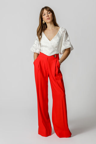 Blusa con corsé y mangas globo bordadas - BLANCO ROJO