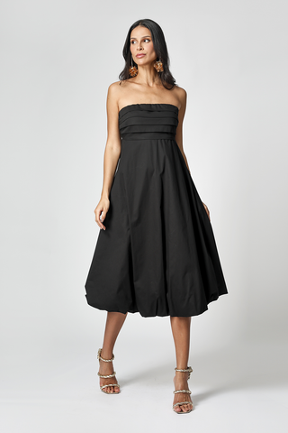 Vestido globo con pliegues en el busto - NEGRO