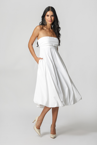 Vestido globo con pliegues en el busto - BLANCO ROJO