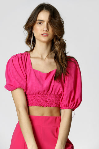 Blusa con mangas abullonadas y dobladillo de látex - ROSA