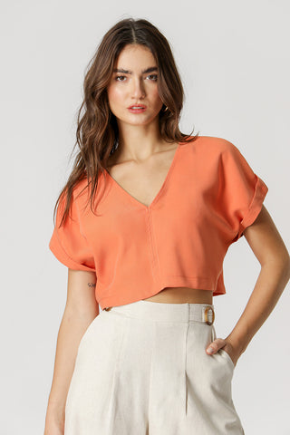 Blusa corta con cuello en V - NARANJA ESC