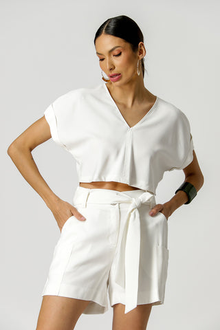 Blusa corta con cuello en V - BLANCO ROJO