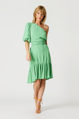 Vestido Um Ombro Barrado - VERDE