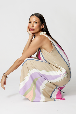 Vestido de lino con tirantes retorcidos estampado - KAKI 90155