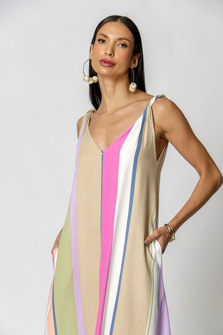 Vestido de lino con tirantes retorcidos estampado - KAKI 90155