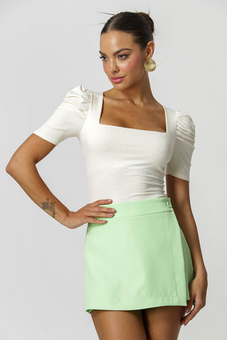 Top de punto acanalado con mangas abullonadas - BLANCO ROJO