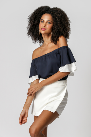 Blusa con hombros descubiertos y volantes - AZUL MARINO