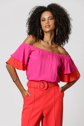 Blusa con hombros descubiertos y volantes - ROSA