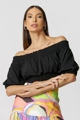 Blusa con hombros descubiertos y tejido elástico - NEGRO