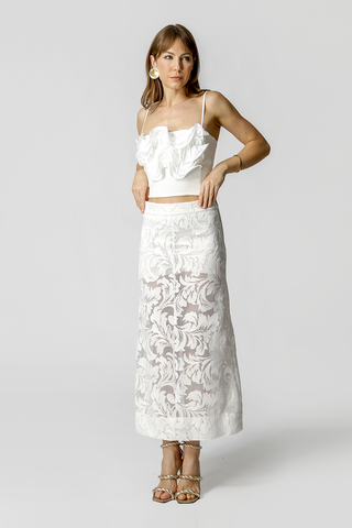 Falda bordada con abertura - BLANCO ROJO