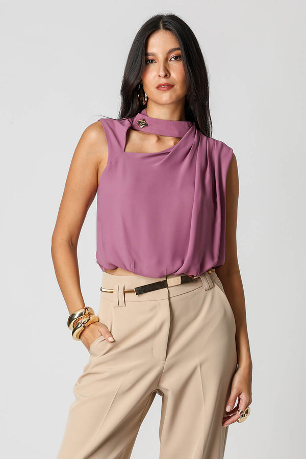 Blusa Balonê Gola Alta em Crepe