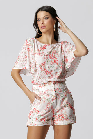 Blusa de cuello barco y mangas anchas - BLANCO ROJO 1189