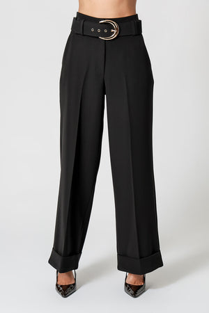 Calça Reta Alfaiataria Com Cinto Dourado