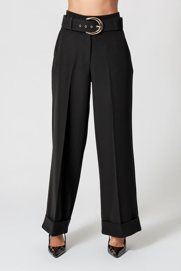 Calça Reta Alfaiataria Com Cinto Dourado