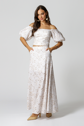 Falda larga bordada Laise - BLANCO ROJO 90156