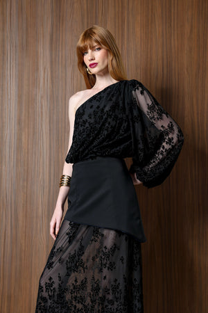 Blusa Ombro Único Tule Veludo