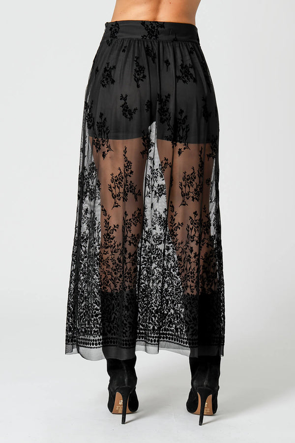 Saia Midi Barrada Em Tule Veludo Flocado