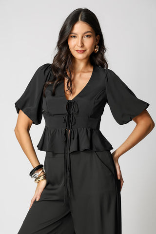 Blusa Com Laços Frontais e Manga Balonê - PRETO